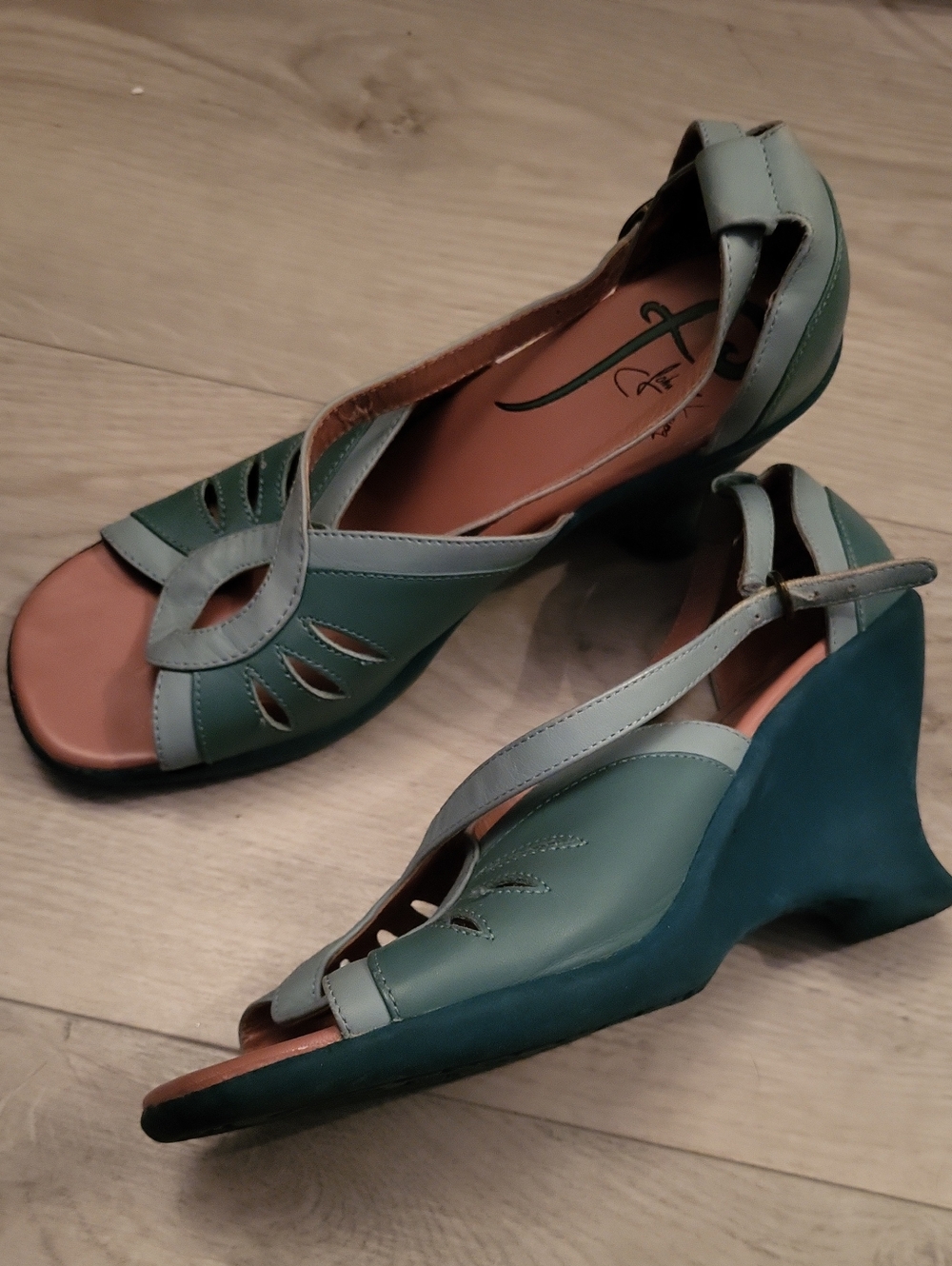 John Fluevog Women's Teal Open-Toe Wedge Sandals 7